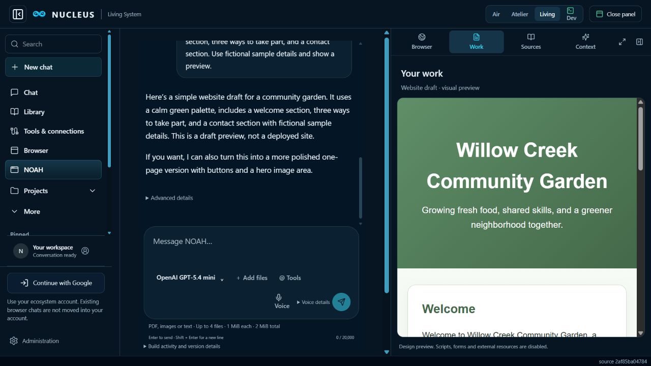 Recorded NOAH console with a community garden website draft visible inside the adjacent Your work panel